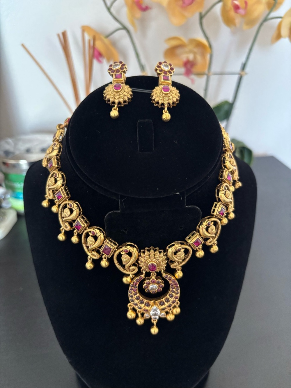 Gold-Tone Pink Stone Traditional Necklace Set by Amrapali.